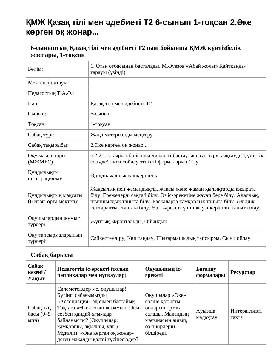ҚМЖ Қазақ тілі мен әдебиеті Т2 6-сынып 1-тоқсан 2.Әке көрген оқ жонар...