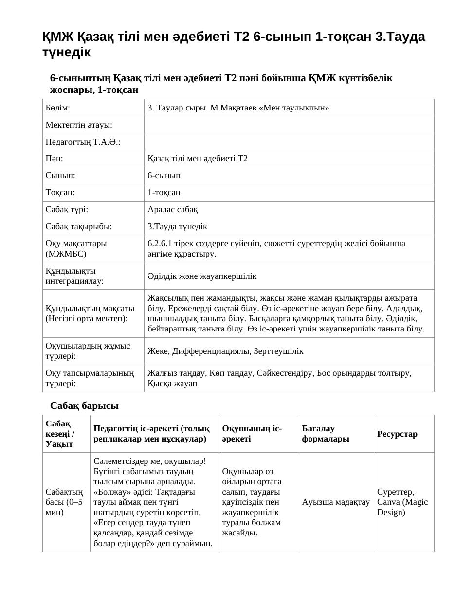 ҚМЖ Қазақ тілі мен әдебиеті Т2 6-сынып 1-тоқсан 3.Тауда түнедік
