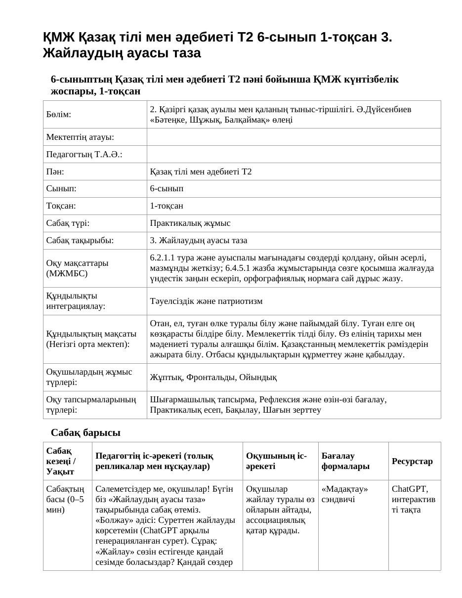 ҚМЖ Қазақ тілі мен әдебиеті Т2 6-сынып 1-тоқсан 3. Жайлаудың ауасы таза