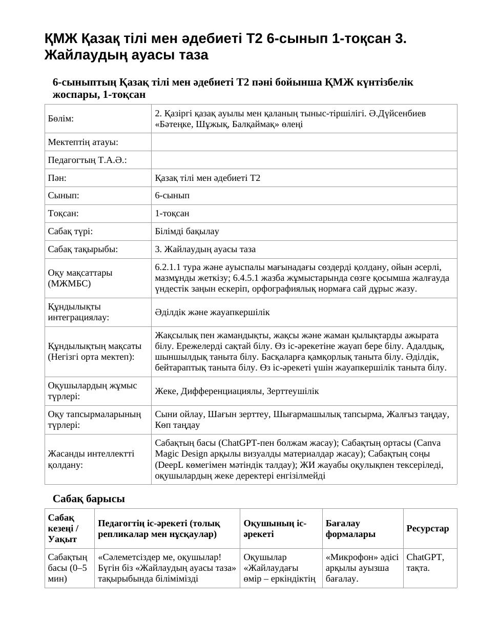 ҚМЖ Қазақ тілі мен әдебиеті Т2 6-сынып 1-тоқсан 3. Жайлаудың ауасы таза