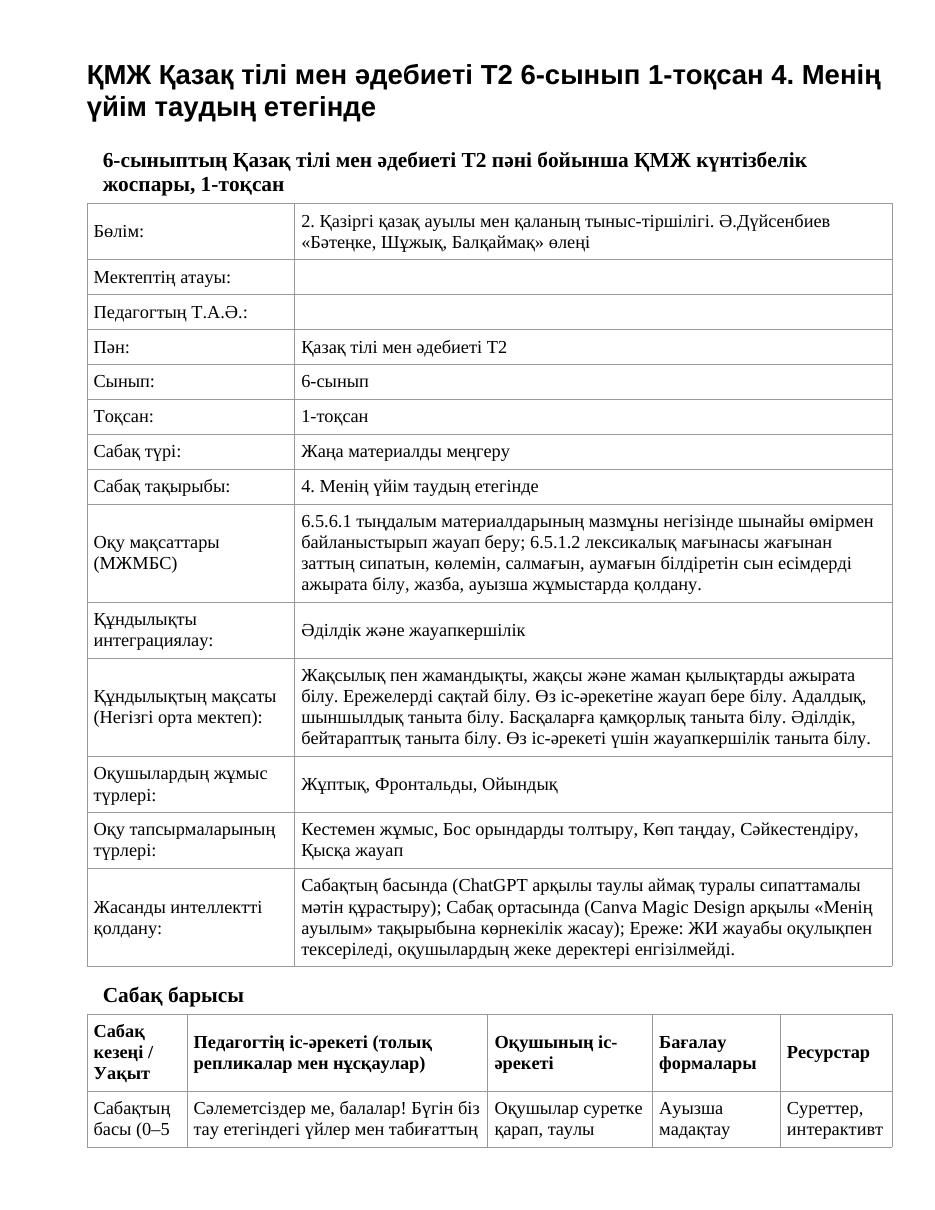 ҚМЖ Қазақ тілі мен әдебиеті Т2 6-сынып 1-тоқсан 4. Менің үйім таудың етегінде