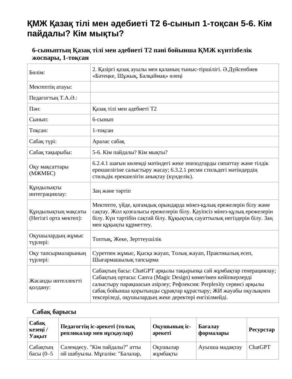 ҚМЖ Қазақ тілі мен әдебиеті Т2 6-сынып 1-тоқсан 5-6. Кім пайдалы? Кім мықты?