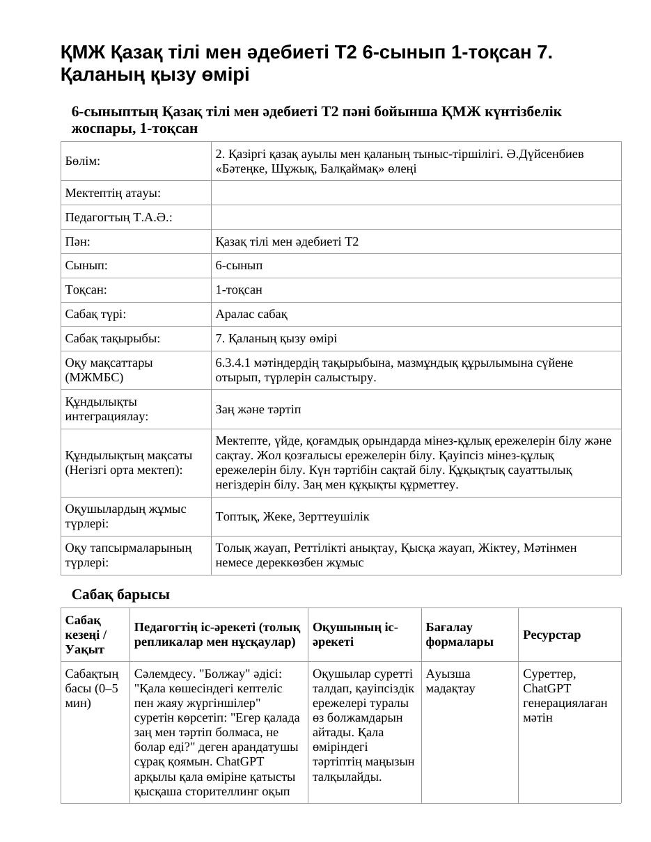 ҚМЖ Қазақ тілі мен әдебиеті Т2 6-сынып 1-тоқсан 7. Қаланың қызу өмірі