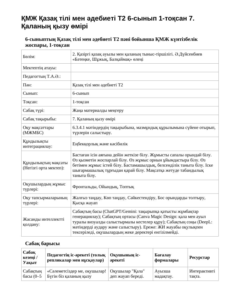 ҚМЖ Қазақ тілі мен әдебиеті Т2 6-сынып 1-тоқсан 7. Қаланың қызу өмірі