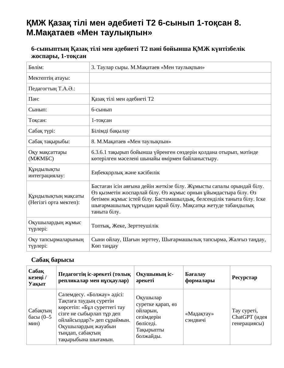 ҚМЖ Қазақ тілі мен әдебиеті Т2 6-сынып 1-тоқсан 8. М.Мақатаев «Мен таулықпын»