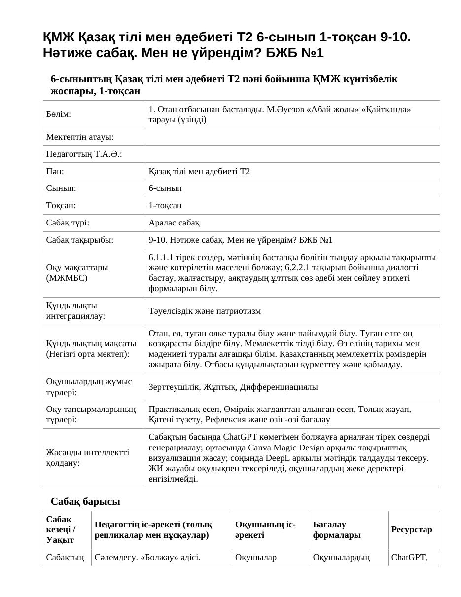ҚМЖ Қазақ тілі мен әдебиеті Т2 6-сынып 1-тоқсан 9-10. Нәтиже сабақ. Мен не үйрендім? БЖБ №1