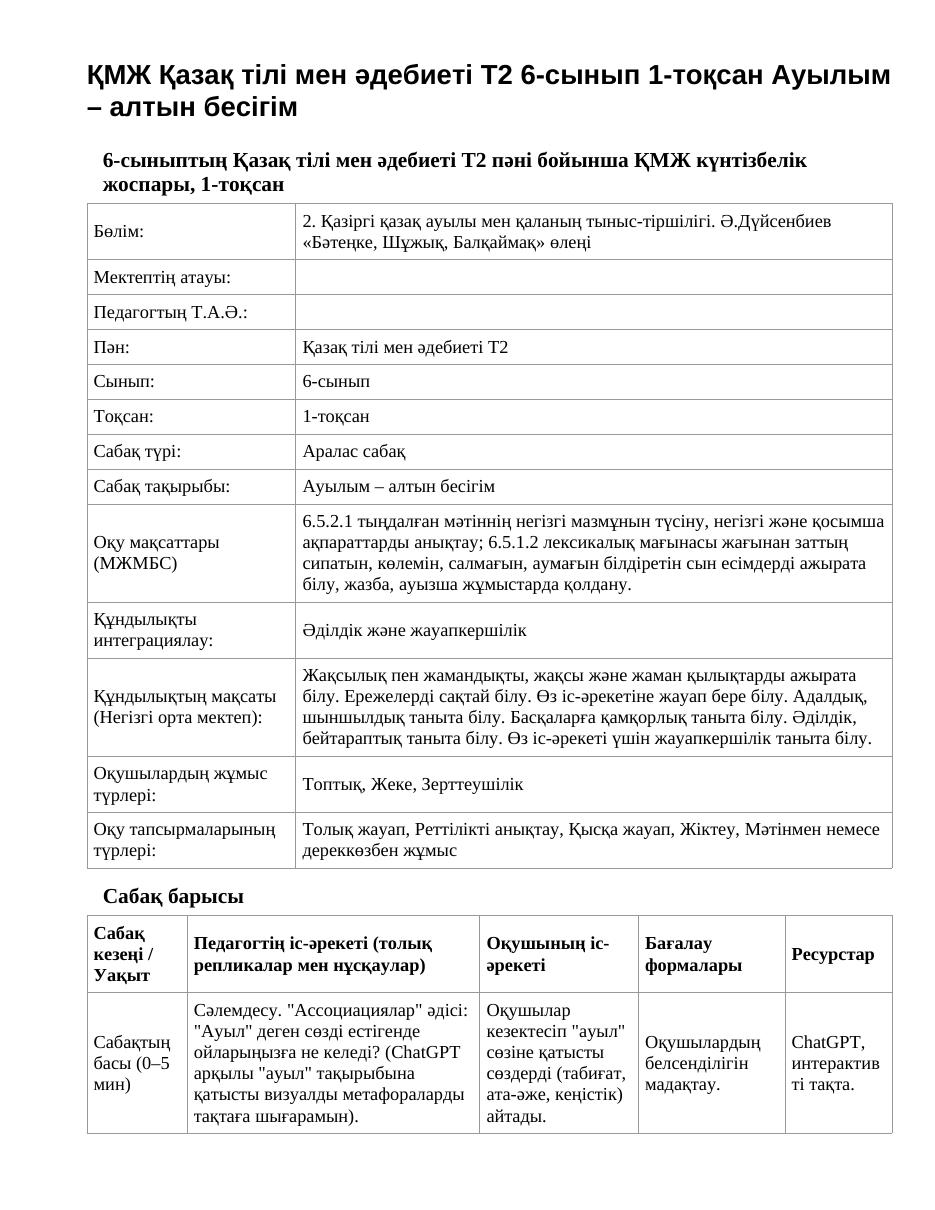 ҚМЖ Қазақ тілі мен әдебиеті Т2 6-сынып 1-тоқсан Ауылым – алтын бесігім
