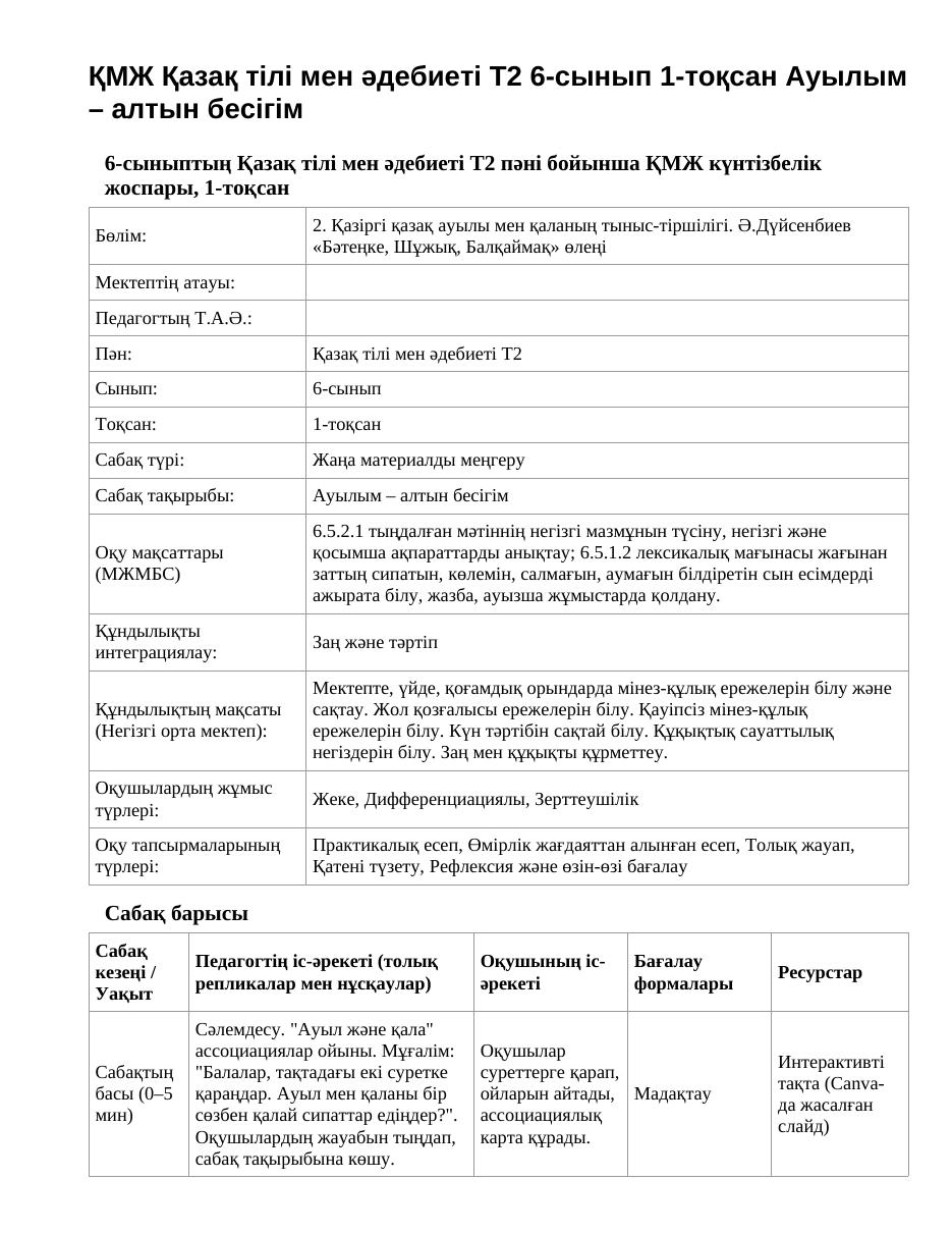 ҚМЖ Қазақ тілі мен әдебиеті Т2 6-сынып 1-тоқсан Ауылым – алтын бесігім