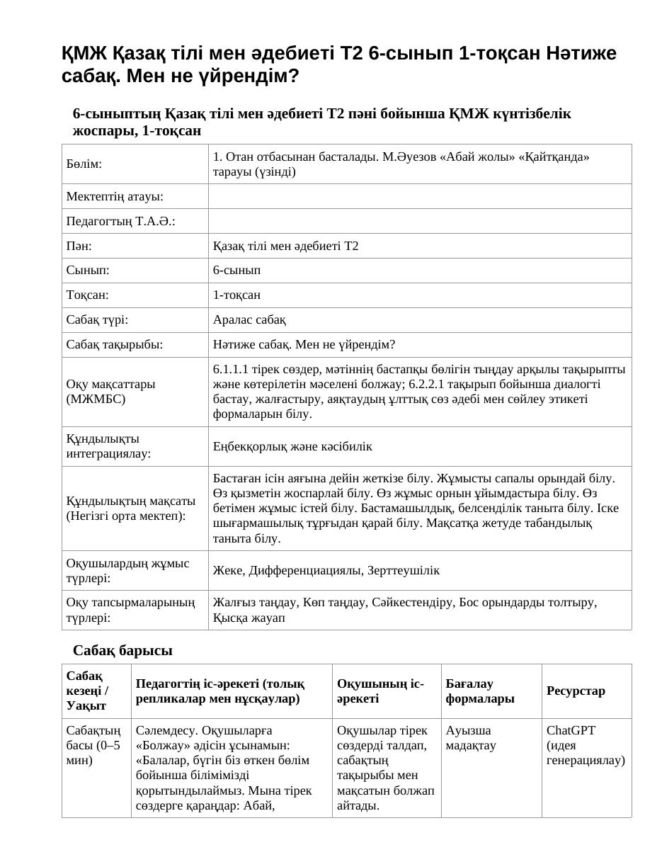 ҚМЖ Қазақ тілі мен әдебиеті Т2 6-сынып 1-тоқсан Нәтиже сабақ. Мен не үйрендім?