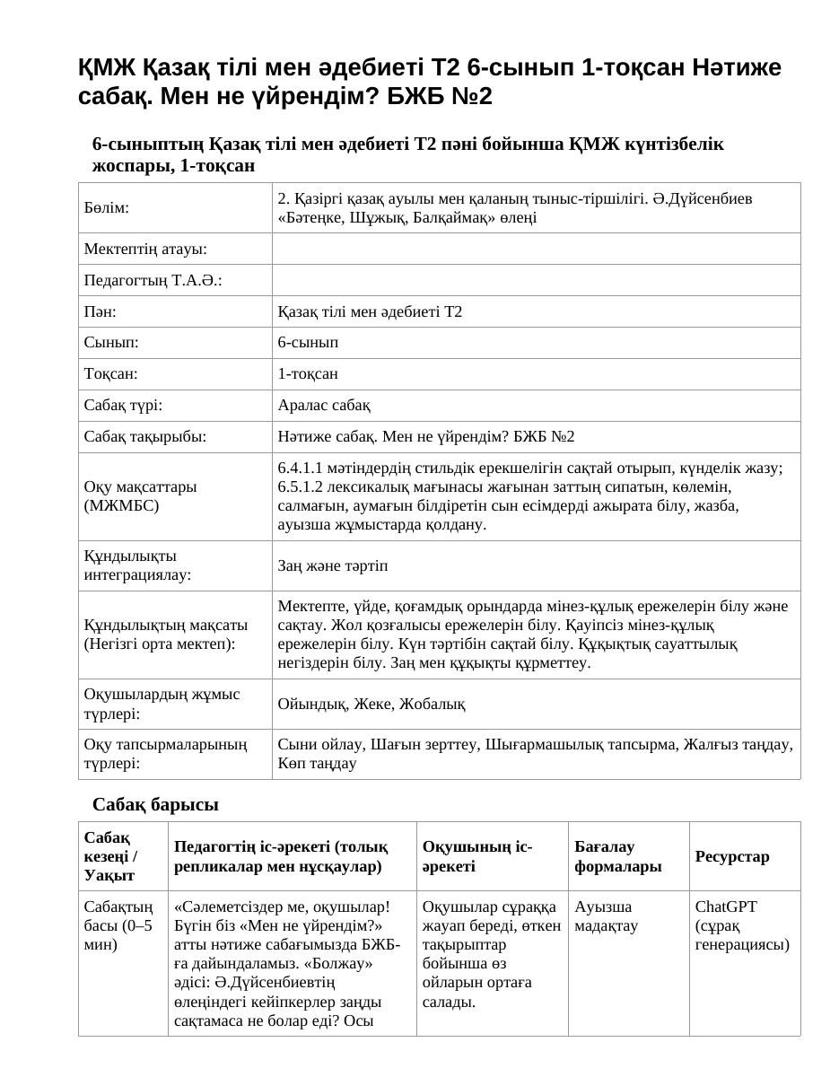 ҚМЖ Қазақ тілі мен әдебиеті Т2 6-сынып 1-тоқсан Нәтиже сабақ. Мен не үйрендім? БЖБ №2