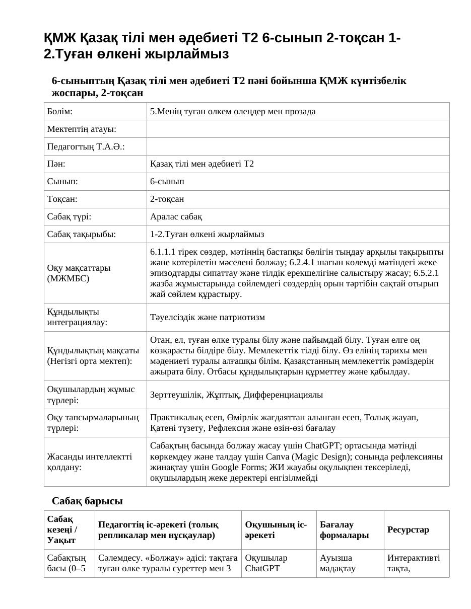 ҚМЖ Қазақ тілі мен әдебиеті Т2 6-сынып 2-тоқсан 1-2.Туған өлкені жырлаймыз