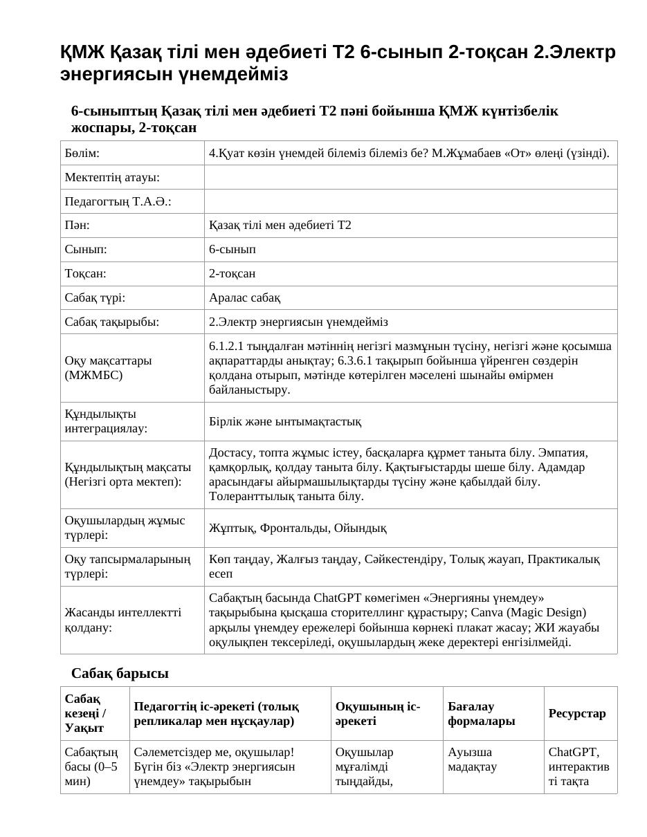 ҚМЖ Қазақ тілі мен әдебиеті Т2 6-сынып 2-тоқсан 2.Электр энергиясын үнемдейміз