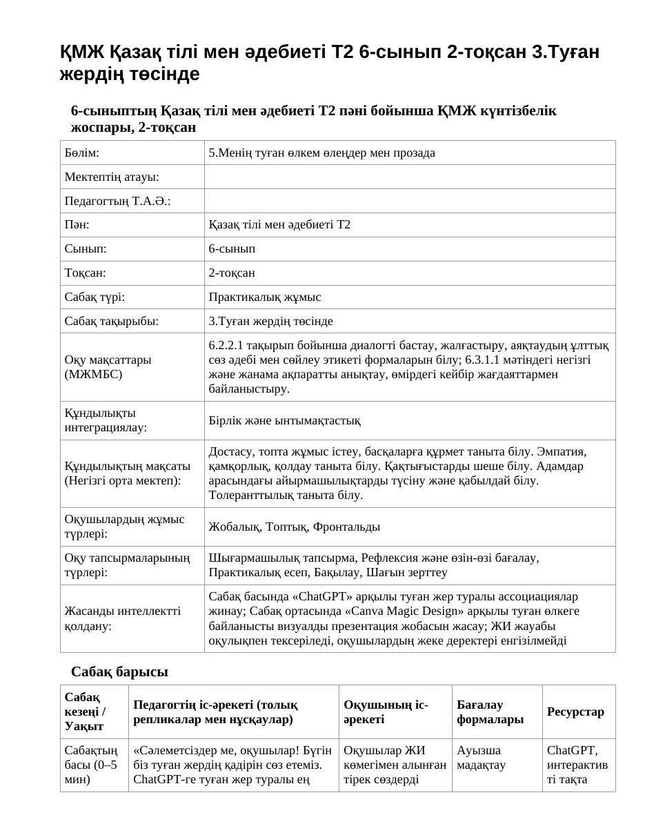 ҚМЖ Қазақ тілі мен әдебиеті Т2 6-сынып 2-тоқсан 3.Туған жердің төсінде