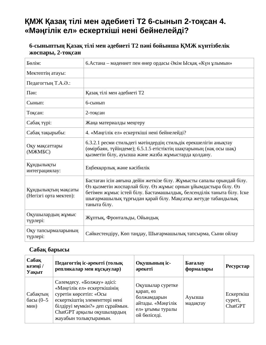 ҚМЖ Қазақ тілі мен әдебиеті Т2 6-сынып 2-тоқсан 4. «Мәңгілік ел» ескерткіші нені бейнелейді?