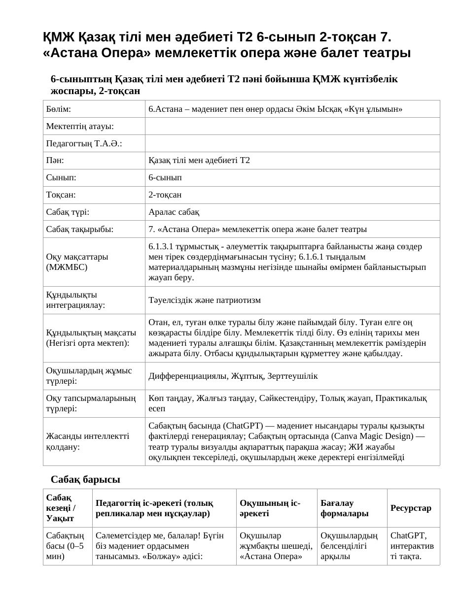 ҚМЖ Қазақ тілі мен әдебиеті Т2 6-сынып 2-тоқсан 7. «Астана Опера» мемлекеттік опера және балет театры