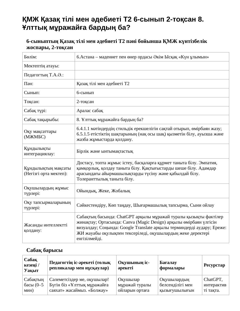 ҚМЖ Қазақ тілі мен әдебиеті Т2 6-сынып 2-тоқсан 8. Ұлттық мұражайға бардың ба?