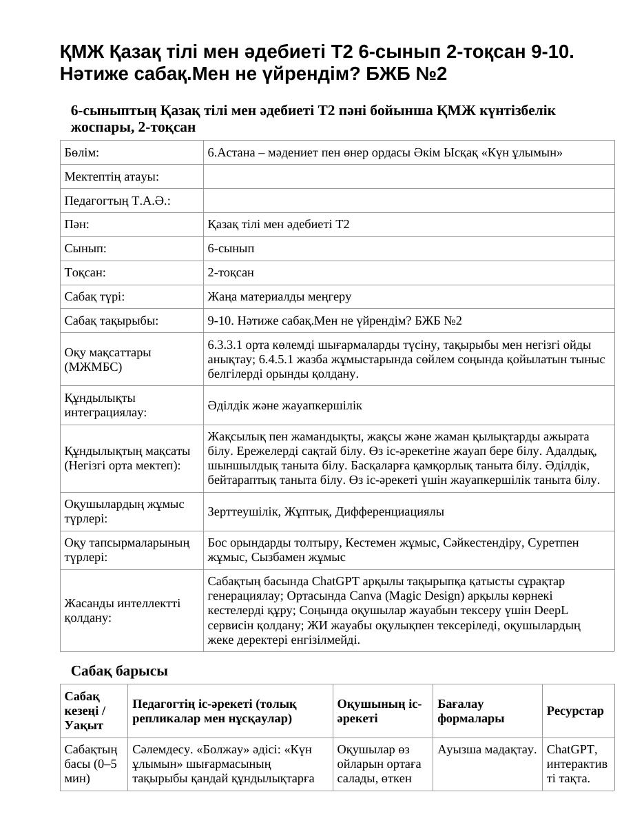 ҚМЖ Қазақ тілі мен әдебиеті Т2 6-сынып 2-тоқсан 9-10. Нәтиже сабақ.Мен не үйрендім? БЖБ №2