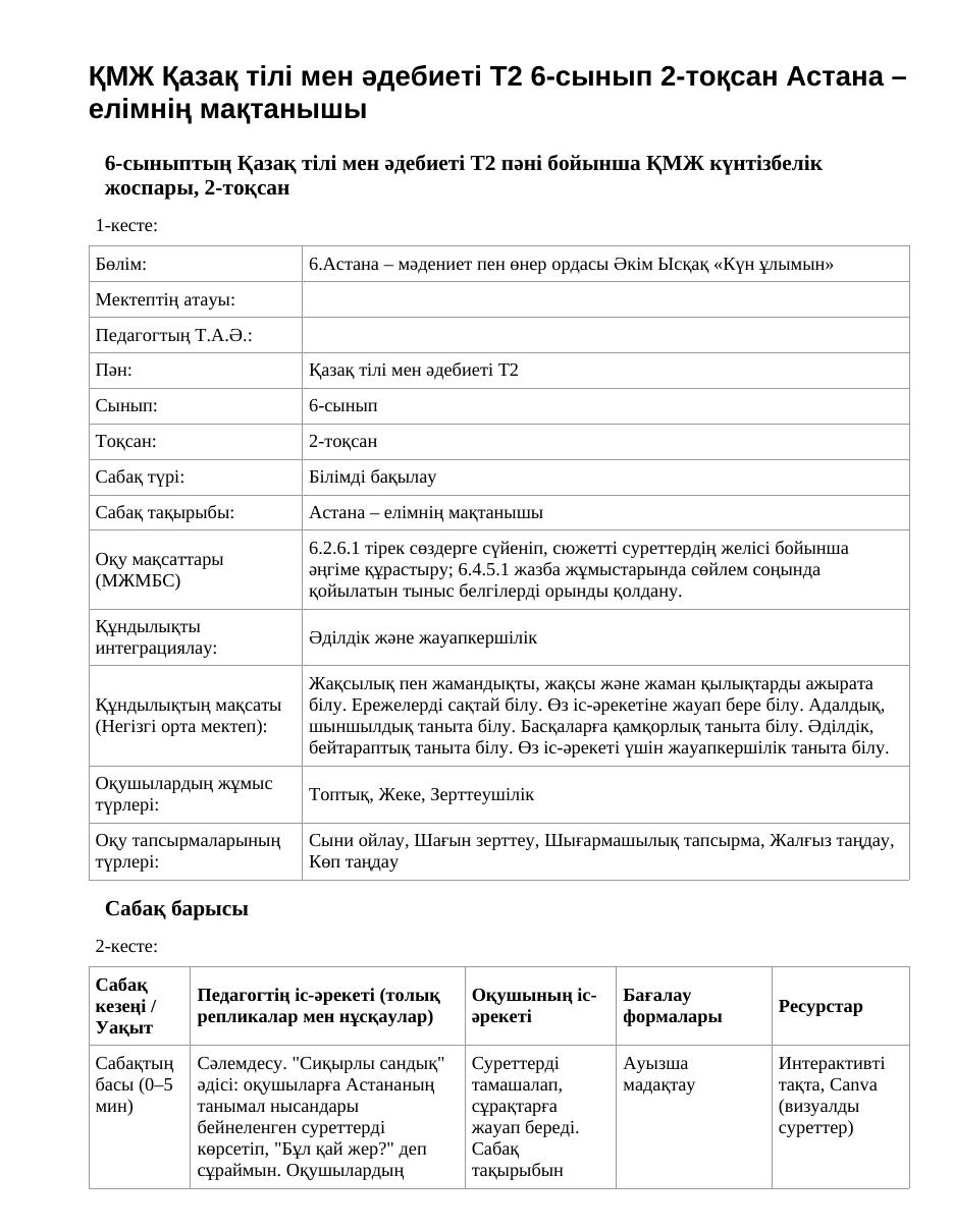 ҚМЖ Қазақ тілі мен әдебиеті Т2 6-сынып 2-тоқсан Астана – елімнің мақтанышы