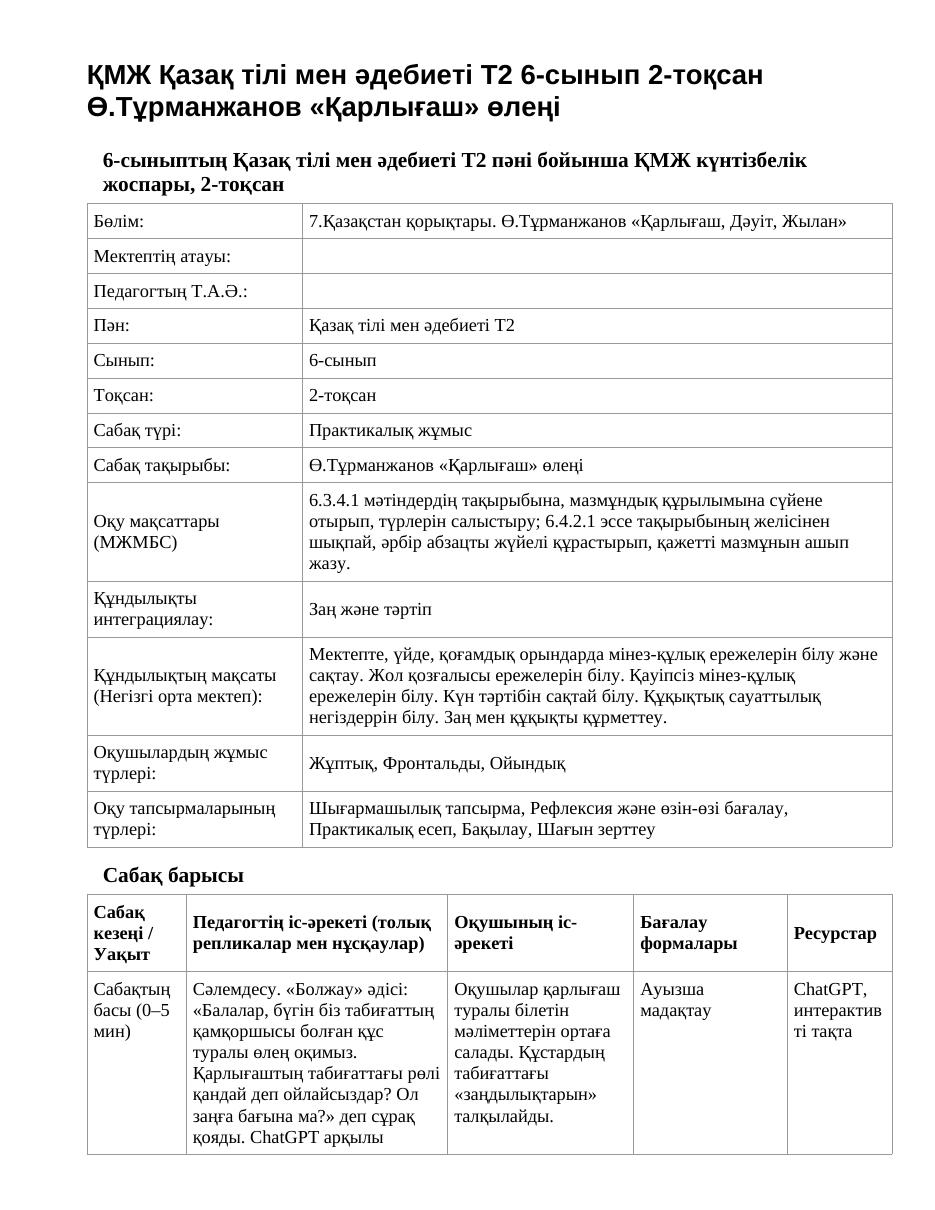 ҚМЖ Қазақ тілі мен әдебиеті Т2 6-сынып 2-тоқсан Ө.Тұрманжанов «Қарлығаш» өлеңі