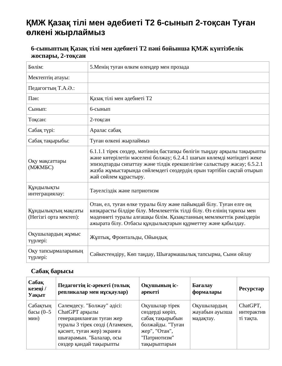 ҚМЖ Қазақ тілі мен әдебиеті Т2 6-сынып 2-тоқсан Туған өлкені жырлаймыз