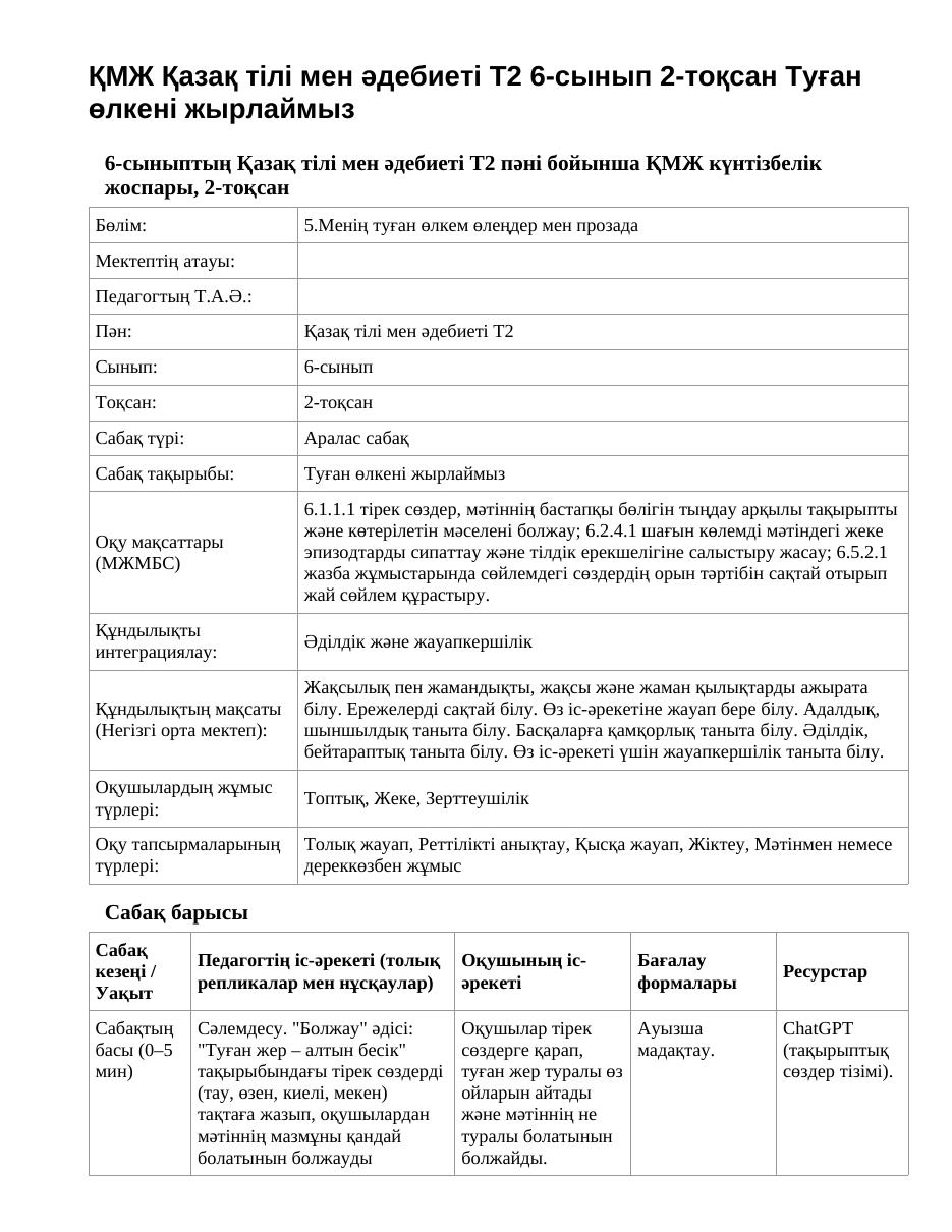 ҚМЖ Қазақ тілі мен әдебиеті Т2 6-сынып 2-тоқсан Туған өлкені жырлаймыз