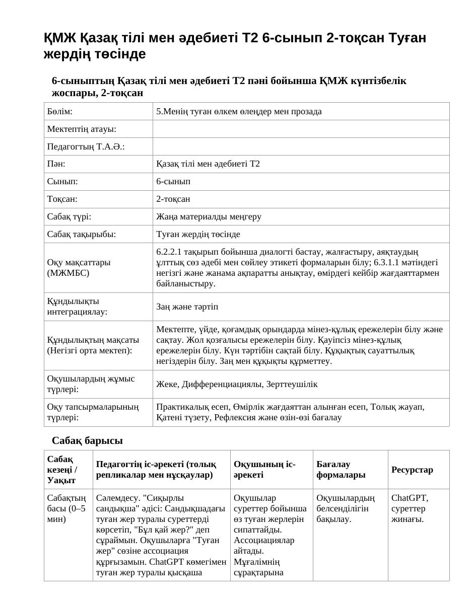 ҚМЖ Қазақ тілі мен әдебиеті Т2 6-сынып 2-тоқсан Туған жердің төсінде