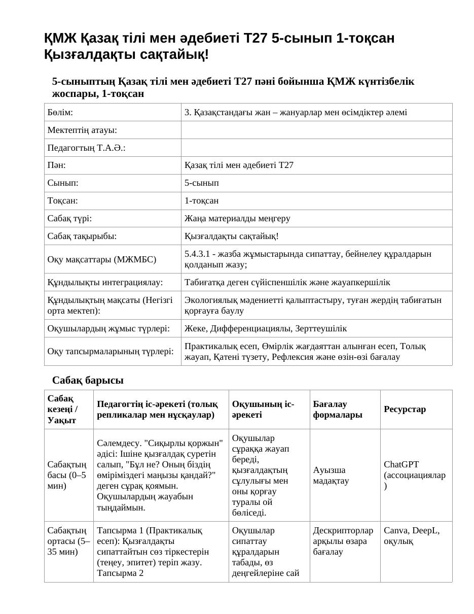 ҚМЖ Қазақ тілі мен әдебиеті Т27 5-сынып 1-тоқсан Қызғалдақты сақтайық!