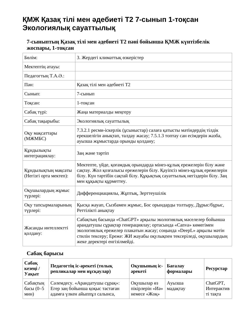 ҚМЖ Қазақ тілі мен әдебиеті Т2 7-сынып 1-тоқсан Экологиялық сауаттылық