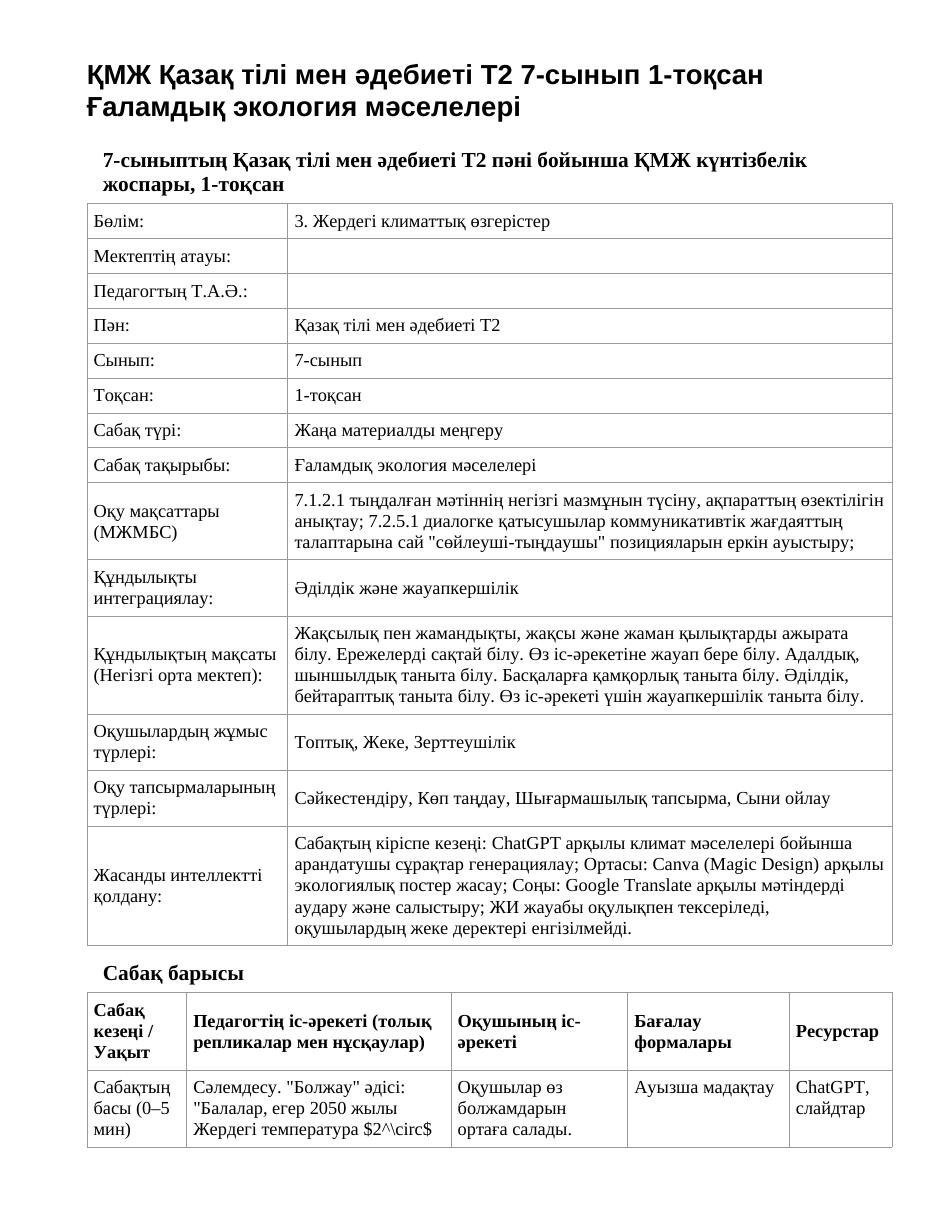 ҚМЖ Қазақ тілі мен әдебиеті Т2 7-сынып 1-тоқсан Ғаламдық экология мәселелері