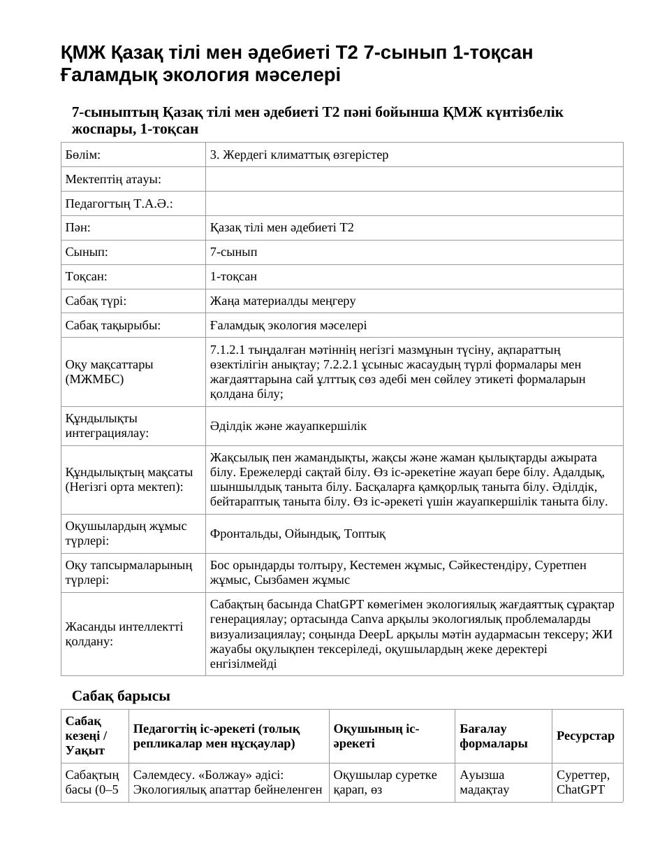 ҚМЖ Қазақ тілі мен әдебиеті Т2 7-сынып 1-тоқсан Ғаламдық экология мәселері