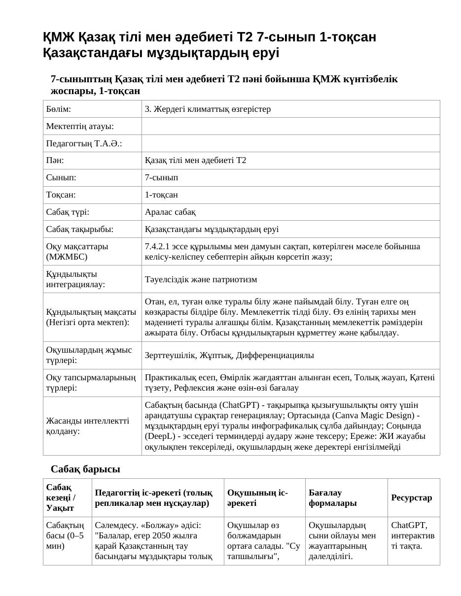 ҚМЖ Қазақ тілі мен әдебиеті Т2 7-сынып 1-тоқсан Қазақстандағы мұздықтардың еруі