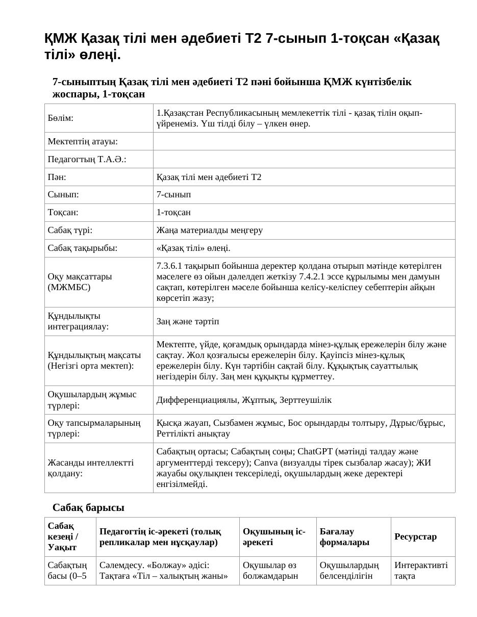 ҚМЖ Қазақ тілі мен әдебиеті Т2 7-сынып 1-тоқсан «Қазақ тілі» өлеңі.