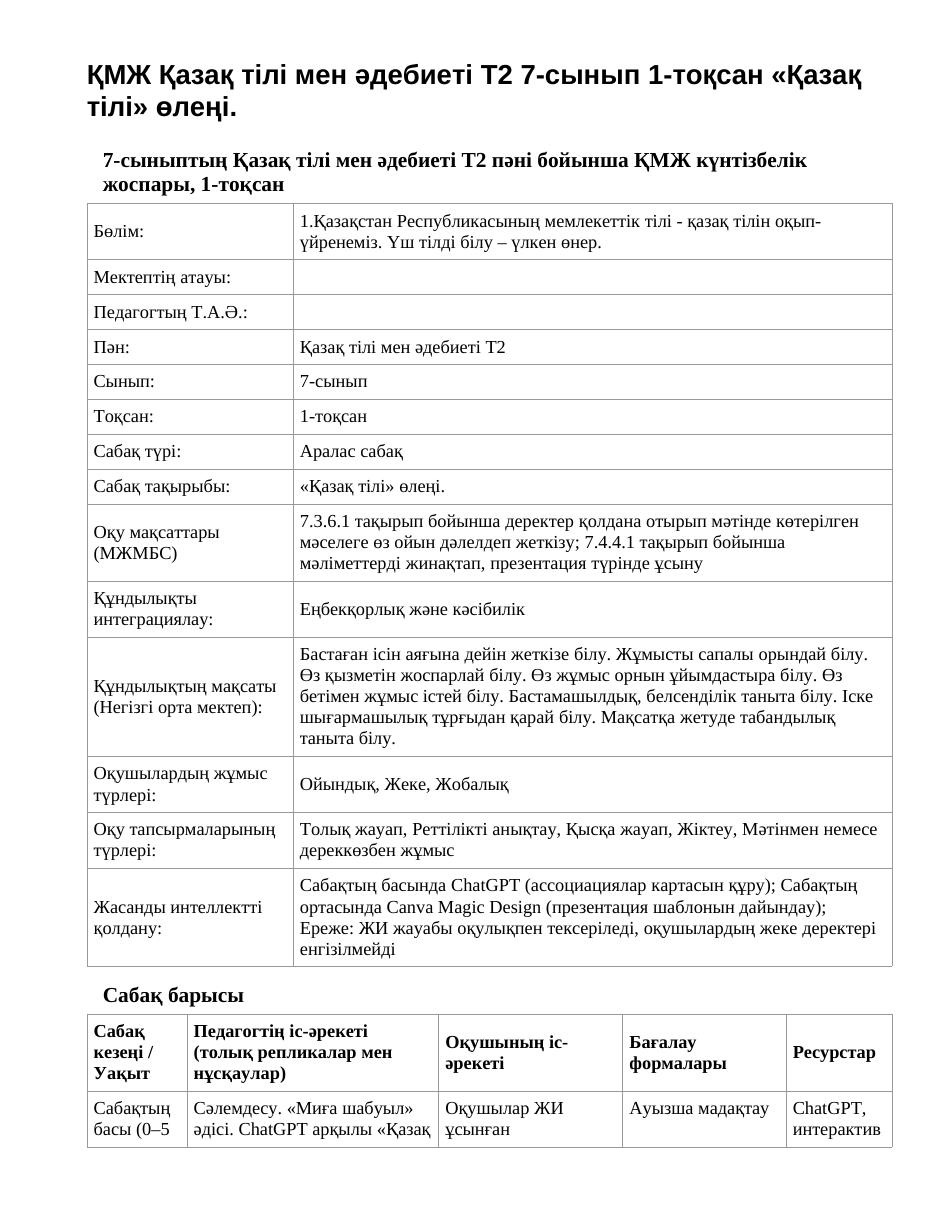 ҚМЖ Қазақ тілі мен әдебиеті Т2 7-сынып 1-тоқсан «Қазақ тілі» өлеңі.