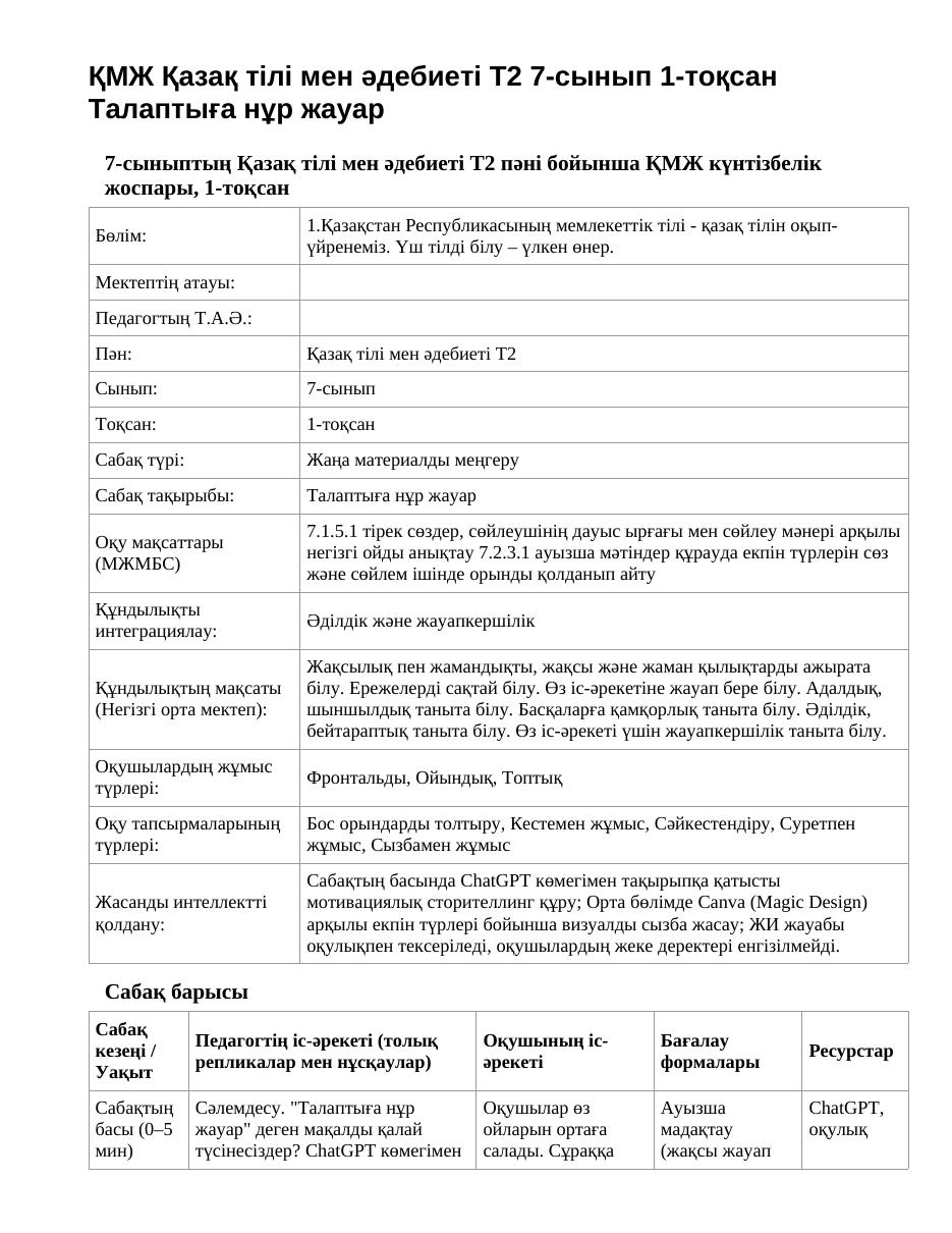 ҚМЖ Қазақ тілі мен әдебиеті Т2 7-сынып 1-тоқсан Талаптыға нұр жауар
