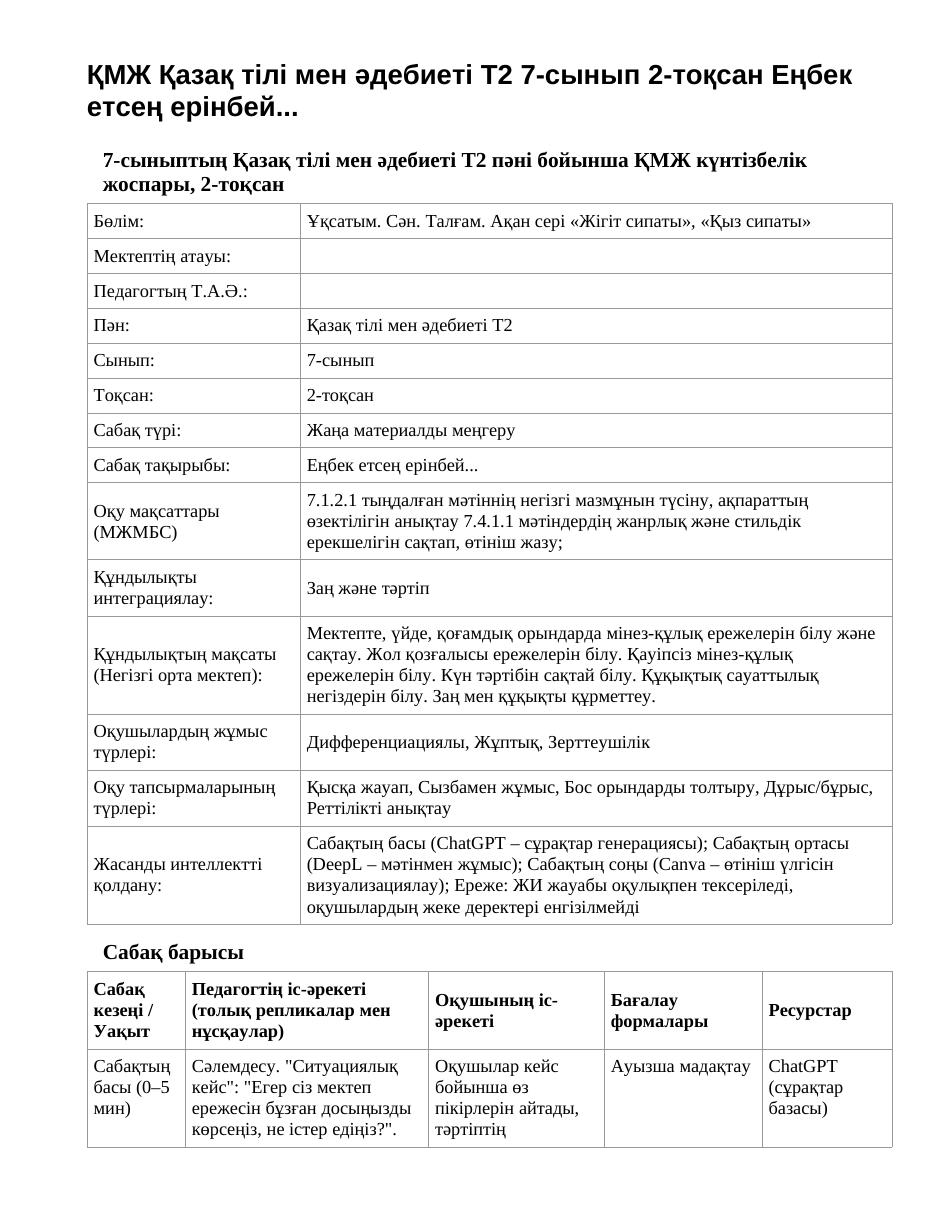 ҚМЖ Қазақ тілі мен әдебиеті Т2 7-сынып 2-тоқсан Еңбек етсең ерінбей...