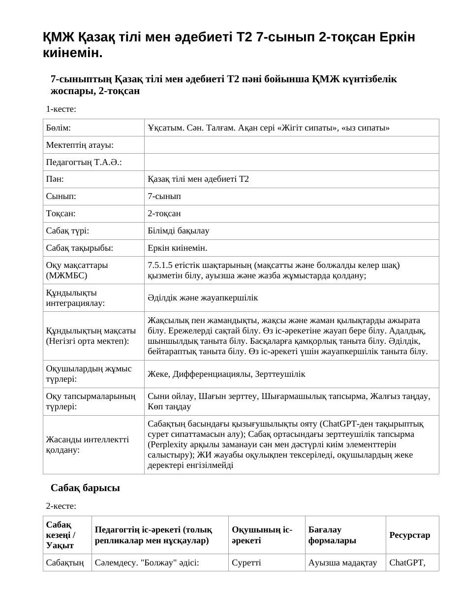 ҚМЖ Қазақ тілі мен әдебиеті Т2 7-сынып 2-тоқсан Еркін киінемін.