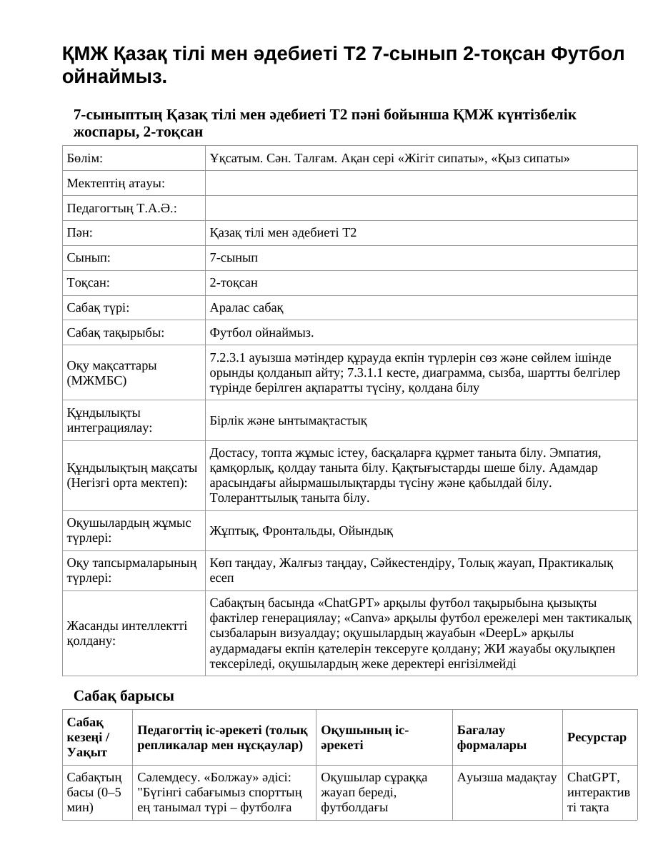 ҚМЖ Қазақ тілі мен әдебиеті Т2 7-сынып 2-тоқсан Футбол ойнаймыз.