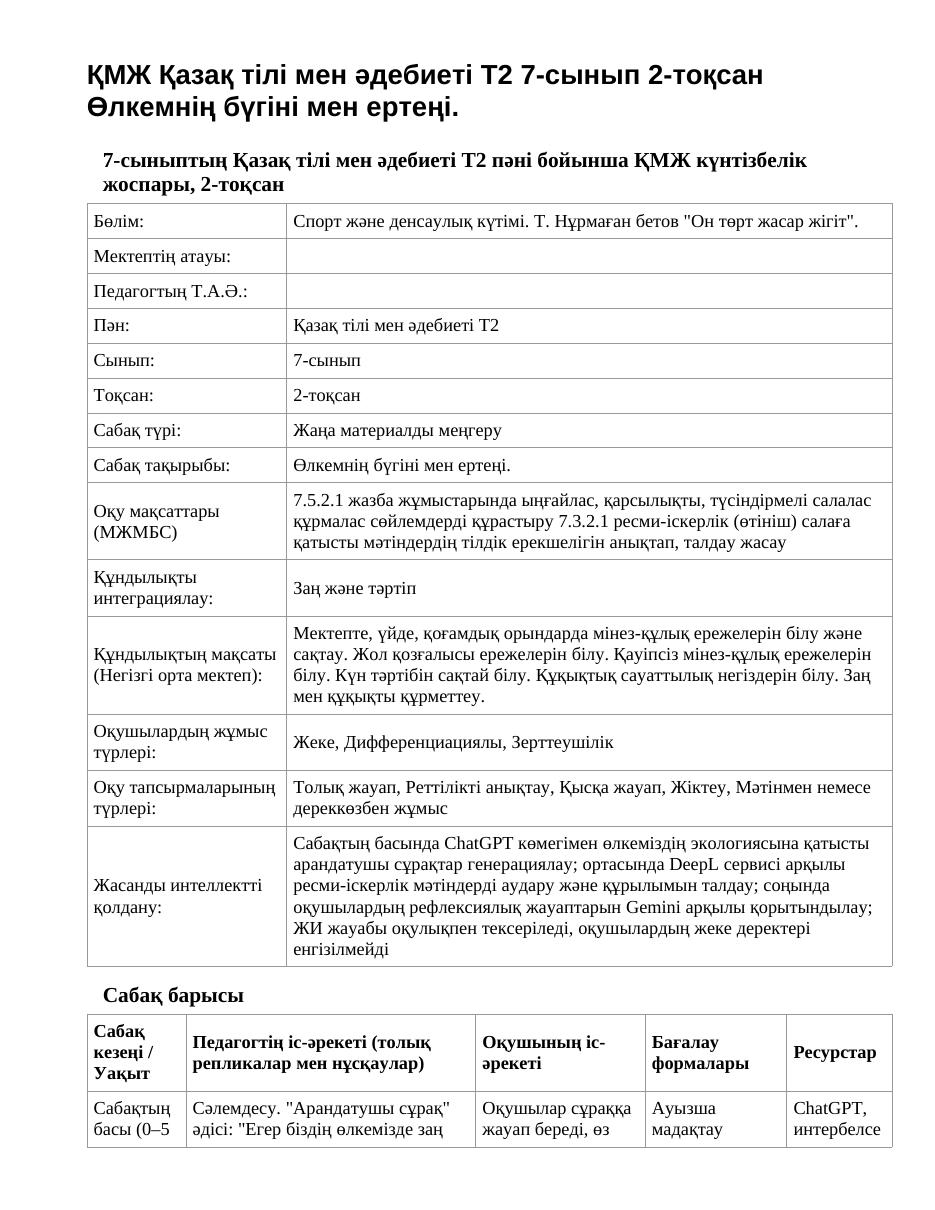 ҚМЖ Қазақ тілі мен әдебиеті Т2 7-сынып 2-тоқсан Өлкемнің бүгіні мен ертеңі.