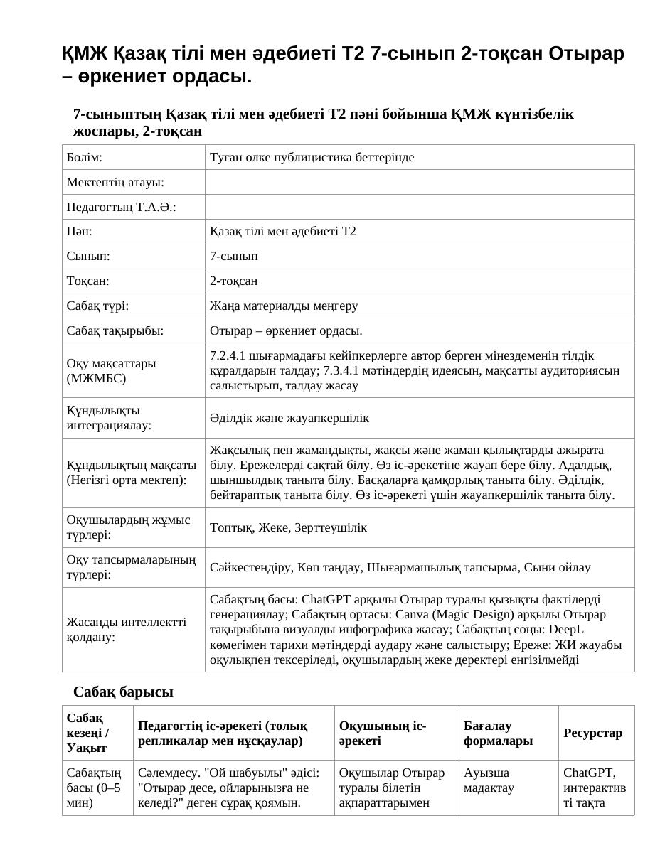 ҚМЖ Қазақ тілі мен әдебиеті Т2 7-сынып 2-тоқсан Отырар – өркениет ордасы.