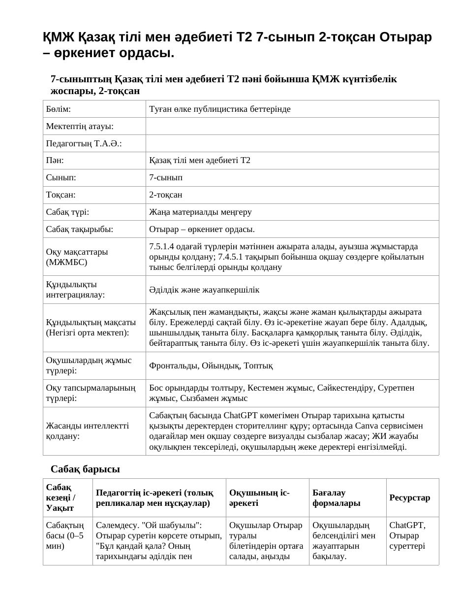 ҚМЖ Қазақ тілі мен әдебиеті Т2 7-сынып 2-тоқсан Отырар – өркениет ордасы.