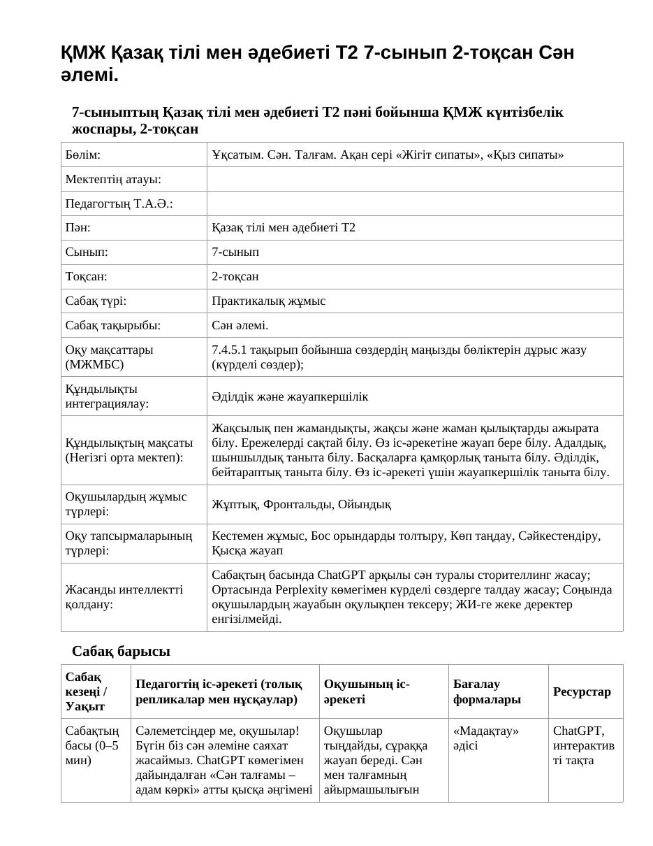ҚМЖ Қазақ тілі мен әдебиеті Т2 7-сынып 2-тоқсан Сән әлемі.