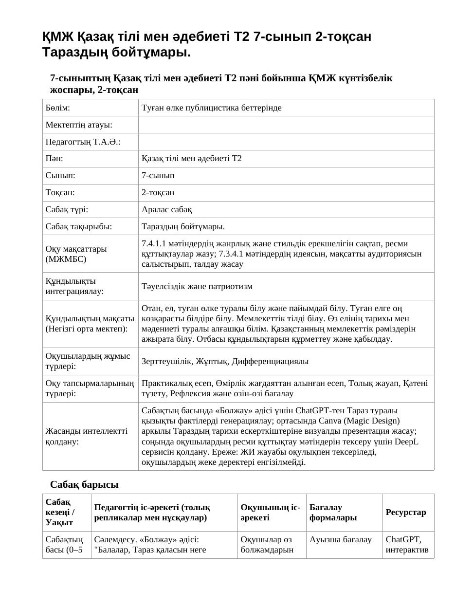 ҚМЖ Қазақ тілі мен әдебиеті Т2 7-сынып 2-тоқсан Тараздың бойтұмары.