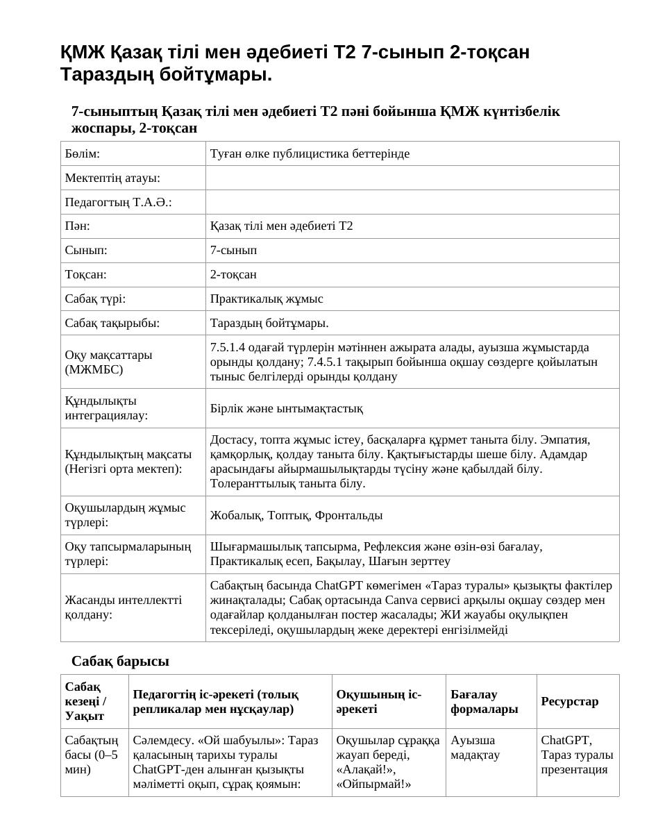 ҚМЖ Қазақ тілі мен әдебиеті Т2 7-сынып 2-тоқсан Тараздың бойтұмары.