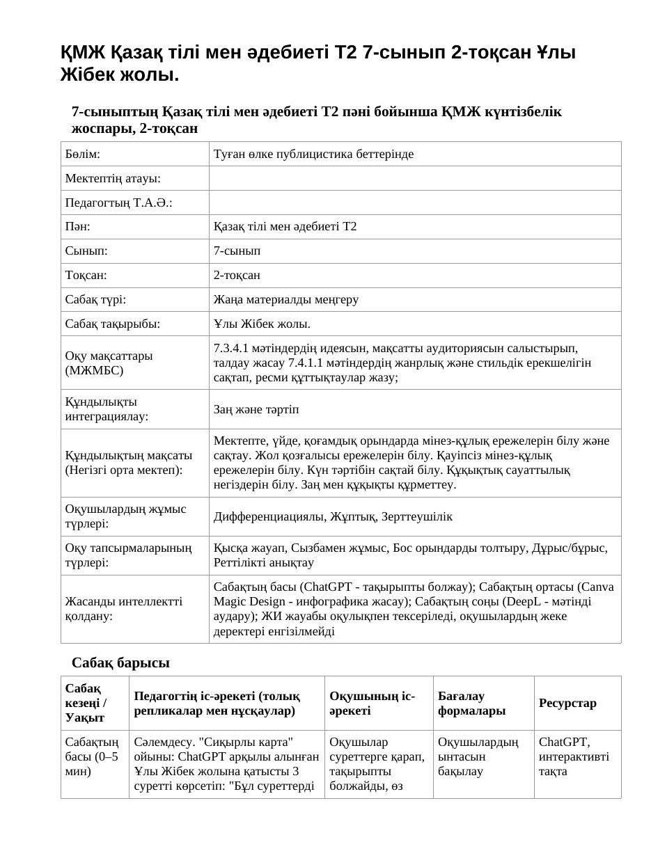 ҚМЖ Қазақ тілі мен әдебиеті Т2 7-сынып 2-тоқсан Ұлы Жібек жолы.