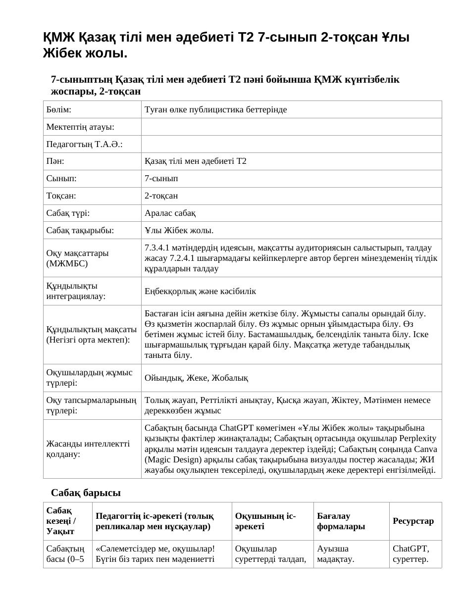 ҚМЖ Қазақ тілі мен әдебиеті Т2 7-сынып 2-тоқсан Ұлы Жібек жолы.