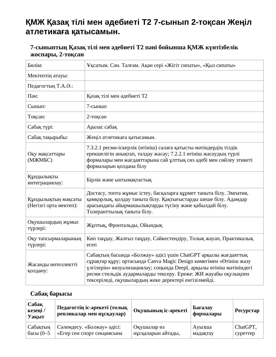 ҚМЖ Қазақ тілі мен әдебиеті Т2 7-сынып 2-тоқсан Жеңіл атлетикаға қатысамын.