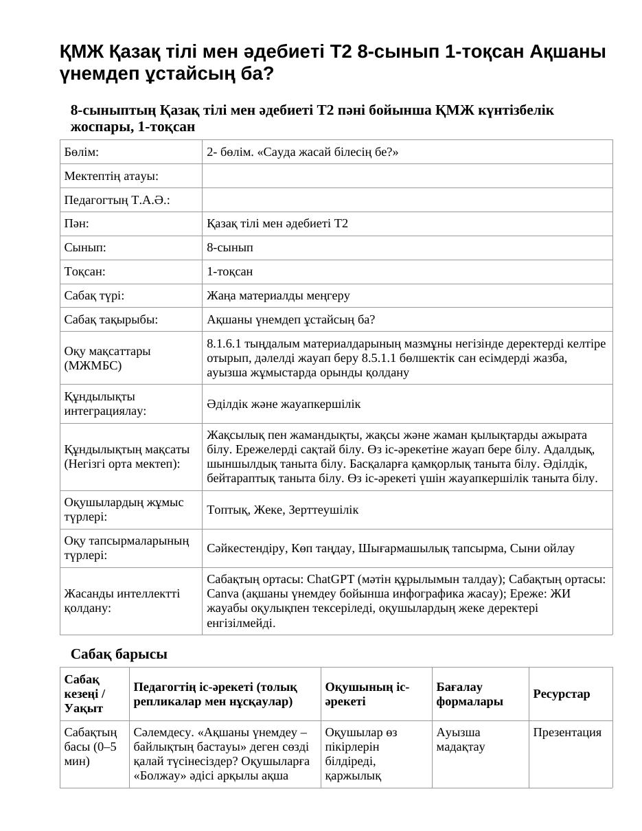 ҚМЖ Қазақ тілі мен әдебиеті Т2 8-сынып 1-тоқсан Ақшаны үнемдеп ұстайсың ба?