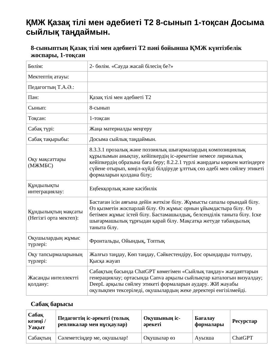 ҚМЖ Қазақ тілі мен әдебиеті Т2 8-сынып 1-тоқсан Досыма сыйлық таңдаймын.