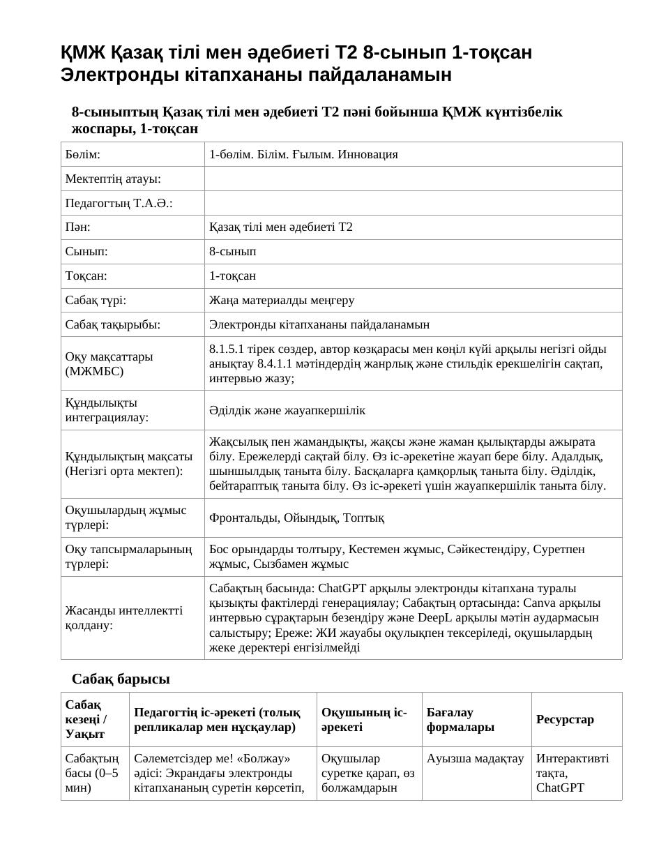 ҚМЖ Қазақ тілі мен әдебиеті Т2 8-сынып 1-тоқсан Электронды кітапхананы пайдаланамын