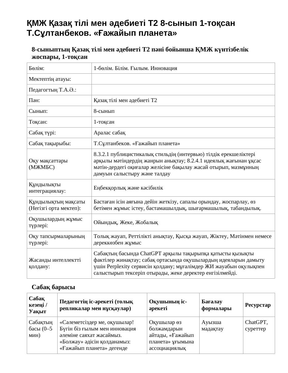 ҚМЖ Қазақ тілі мен әдебиеті Т2 8-сынып 1-тоқсан Т.Сұлтанбеков. «Ғажайып планета»